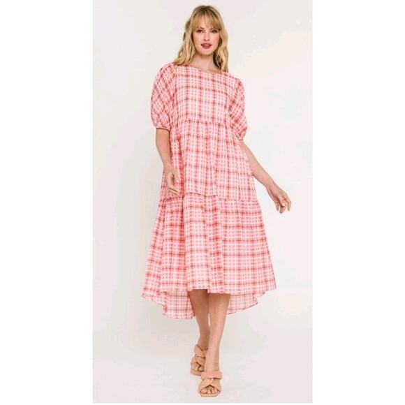 English Factory Plaid Tiered Cotton Blend Lined Midi Dress Size Medium NWT - Picture 1 of 8
